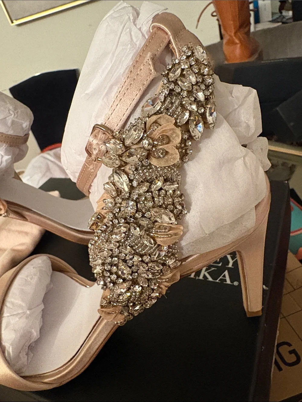 Badgley Mischka Rose Gold Crystal-Embellished Ankle-Strap Heels